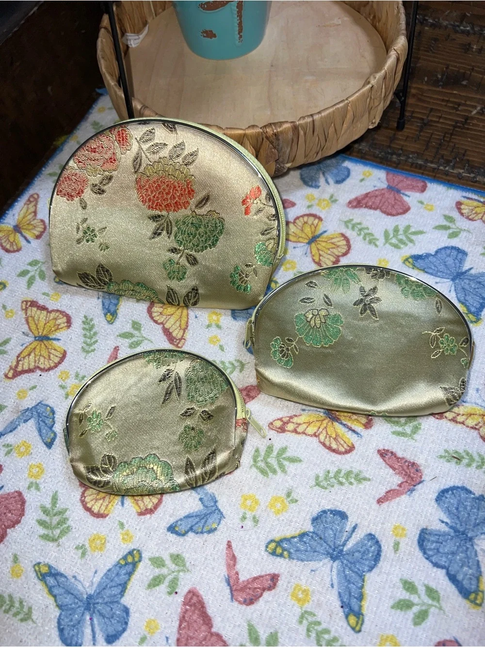 Zipper Pouch Cosmetic Makeup Bag Set Floral Embroidered Gold Satin